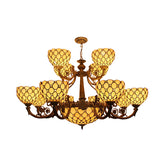 Traditional Beige Stained Glass Chandelier - Bowl Pendant Light with Multi Light Bead Accent - This is a 25 inch tall, 45 inch wide Tiffany style ceiling light fixture with 2 tiers of beige stained glass shades. It has a round canopy with a 5 in